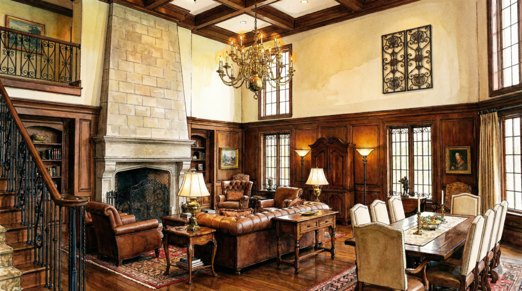 レンガ壁とアーチ窓が特徴的なアメリカントラディショナルスタイルのインテリアイラスト。ロートアイアンの建材や照明、木製家具が並ぶデザインスタジオの風景