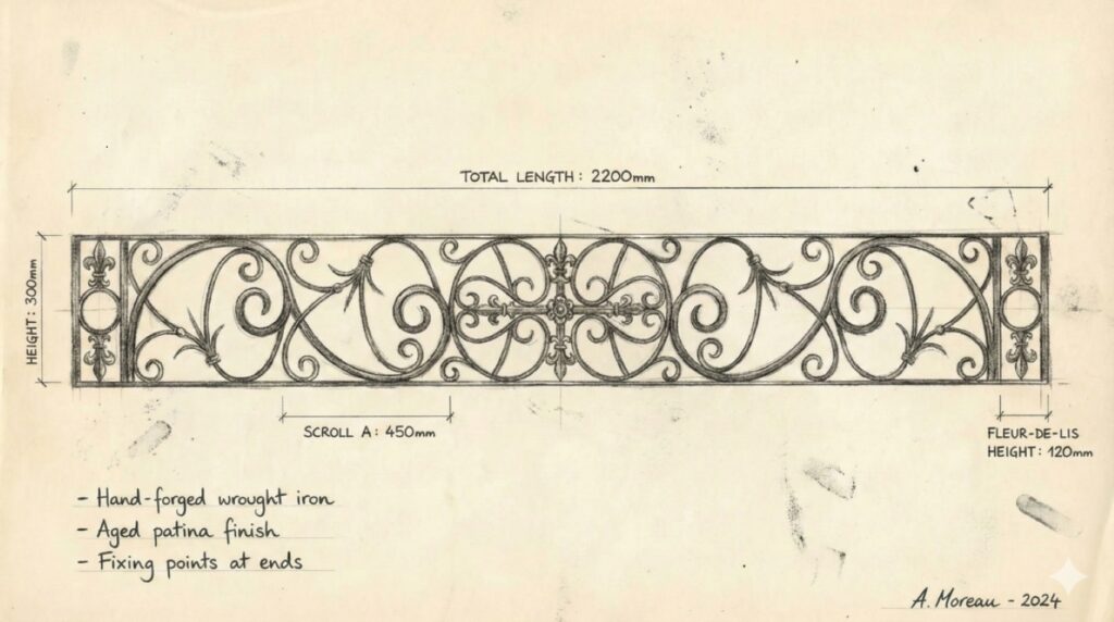 横長（H300×W2200）ロートアイアンパネルの手書き寸法図面。唐草デザインの製作スケッチ。