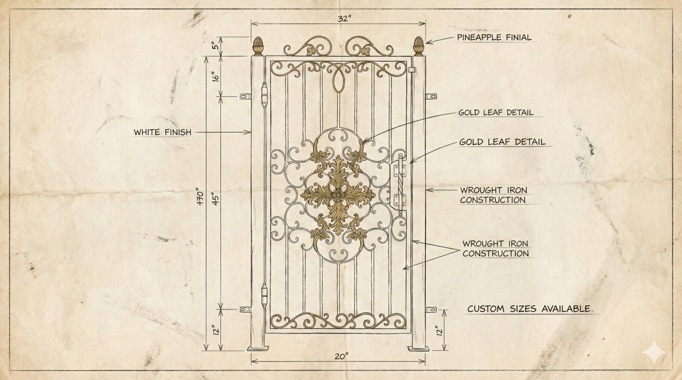 【設計図イメージ】白とゴールドの南欧風ロートアイアン門扉。寸法、仕様（特注サイズ対応）が記載されたアンティーク調の手書き図面。