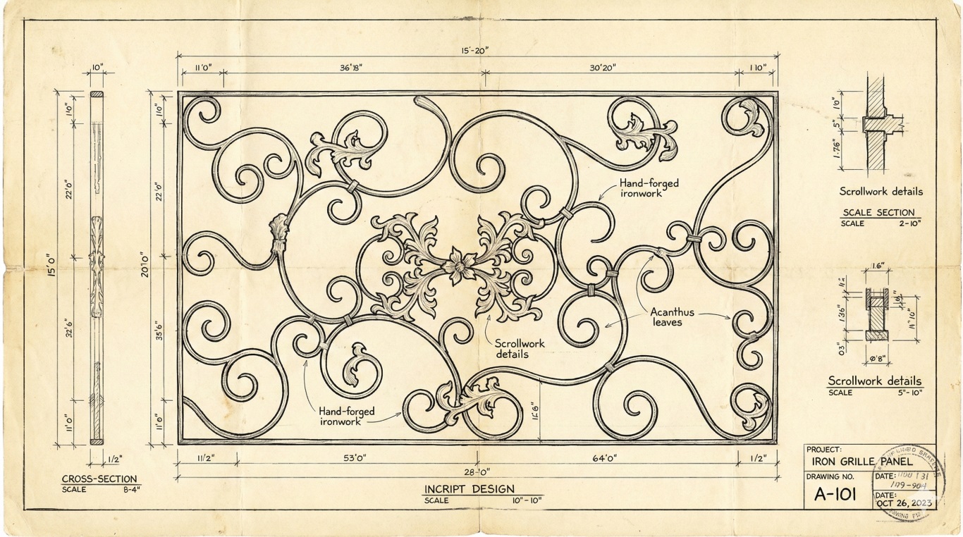 飛行機と唐草模様をモチーフにした、装飾的なアイアンパネルの手書き風設計図。古びた紙に正面図、断面図、寸法、詳細な注釈が描かれている。