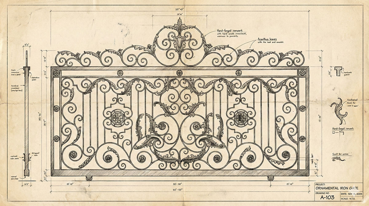 装飾的なアイアンゲートの設計図。アカンサスの葉のモチーフと唐草模様（スクロールワーク）が施された手鍛造の鉄扉デザイン、寸法と詳細注釈付きの青図風スケッチ。